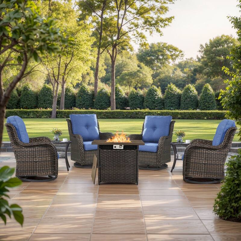 Pocassy Fire Pit Table with Sofa Swivel Chairs Set - Brown Wicker Blue Cushion - 7 Pieces Swivel Chair with Fire Table