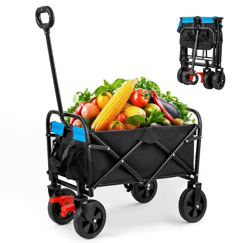 Mini Folding Wagon Garden Shopping Beach Cart (black+blue+brake) - Blue