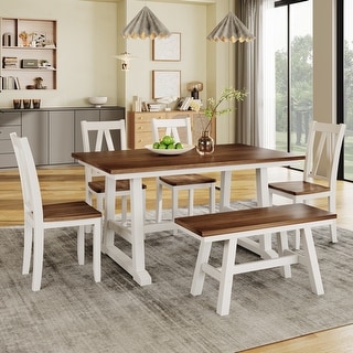 6-Piece Wood Dining Table Set Kitchen Table Set with Long Bench