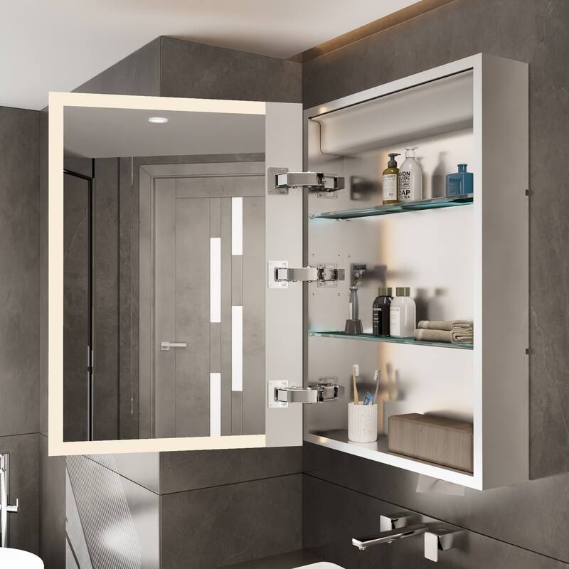 LED Wall Mounted Bathroom Medicine Cabinet with Double-side Mirror and Anti-defog Left Open