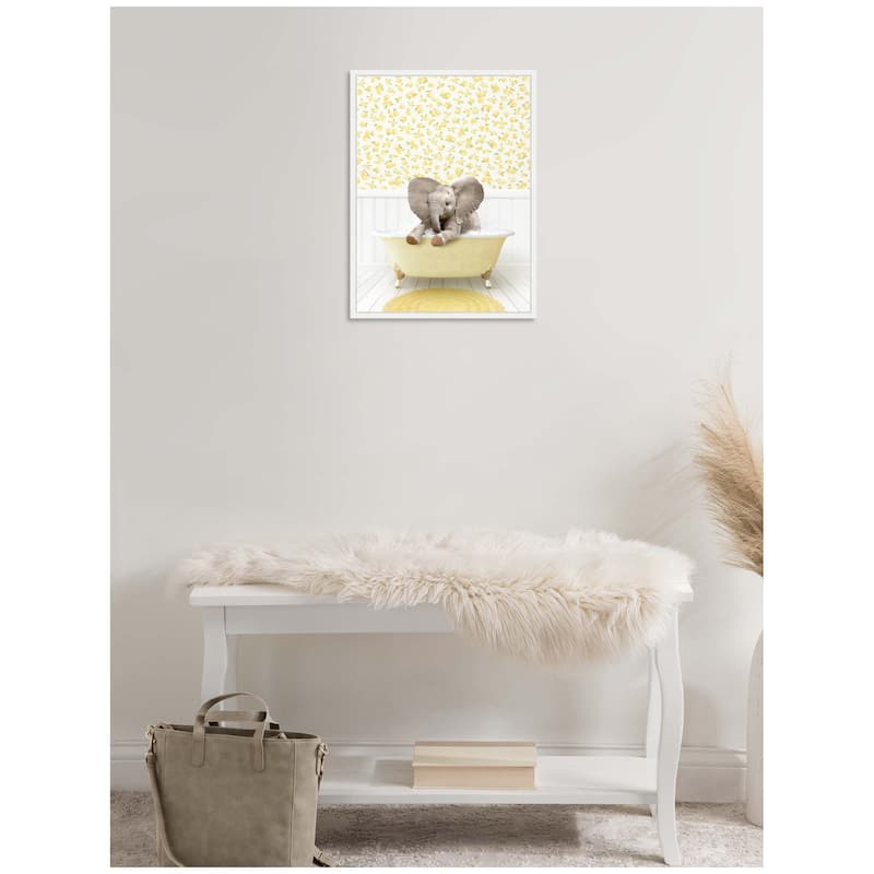 Kate and Laurel Sylvie Baby Elephant 6 in Cottage Yellow Bathtub Framed Canvas by Amy Peterson