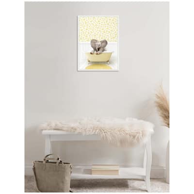 Kate and Laurel Sylvie Baby Elephant 6 in Cottage Yellow Bathtub Framed Canvas by Amy Peterson