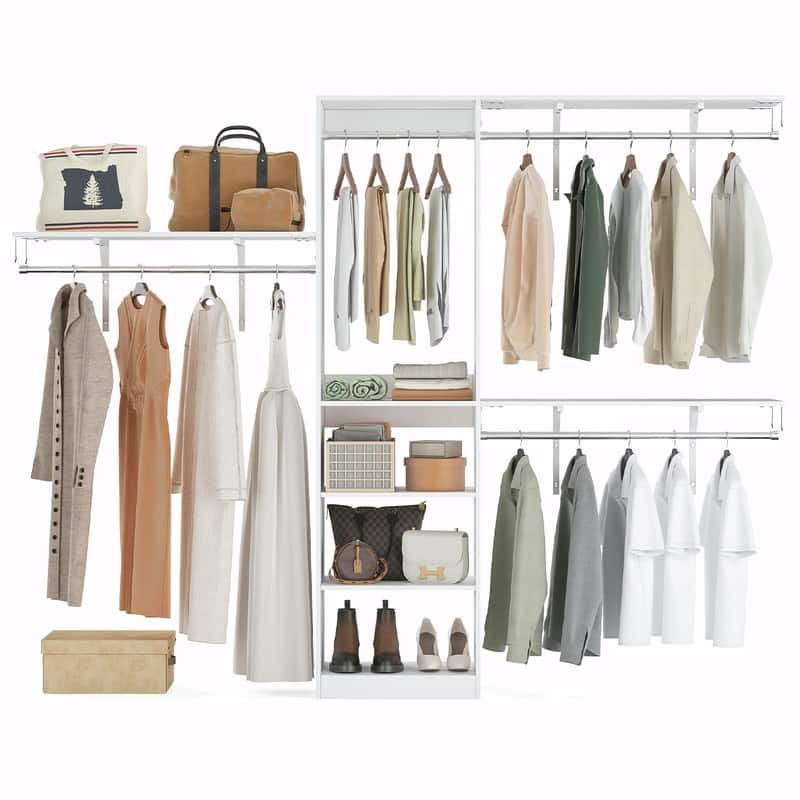 Heavy-Duty Wood Walk-In Closet Organizer - Adjustable Wardrobe System with 4 Hanging Rods & 5 Shelves for 8 ft Spaces - White