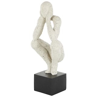 Cream Polystone Crouching People Decorative Sculpture with Black Square Base