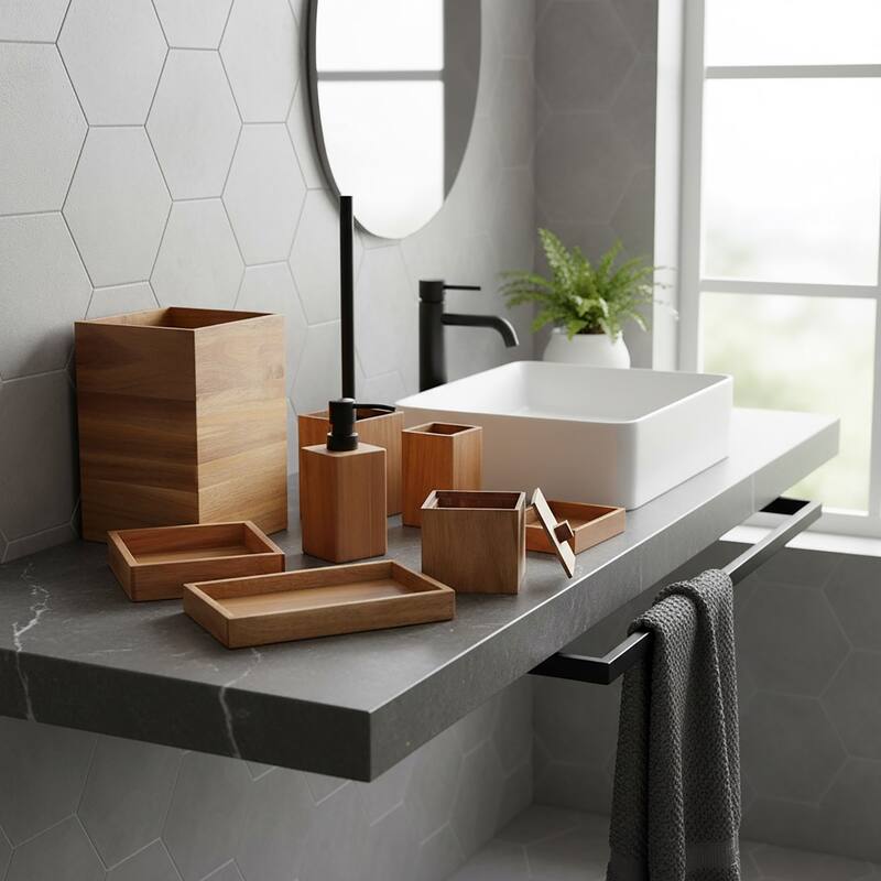 Acacia Wood Bathroom Accessory Set Collection - Set 8 Pieces
