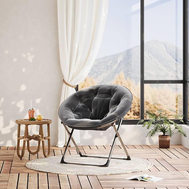 Comfy Folding Saucer Chair for Bedroom, Faux Fur Lounge Moon Chair with Sturdy Metal Frame, Oversized Plush Flower