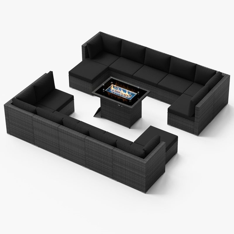 FINCATI 15-Piece Grey Wicker Patio Conversation Sofa Set with Ottomans, 43″ Fire Pit Table - Black