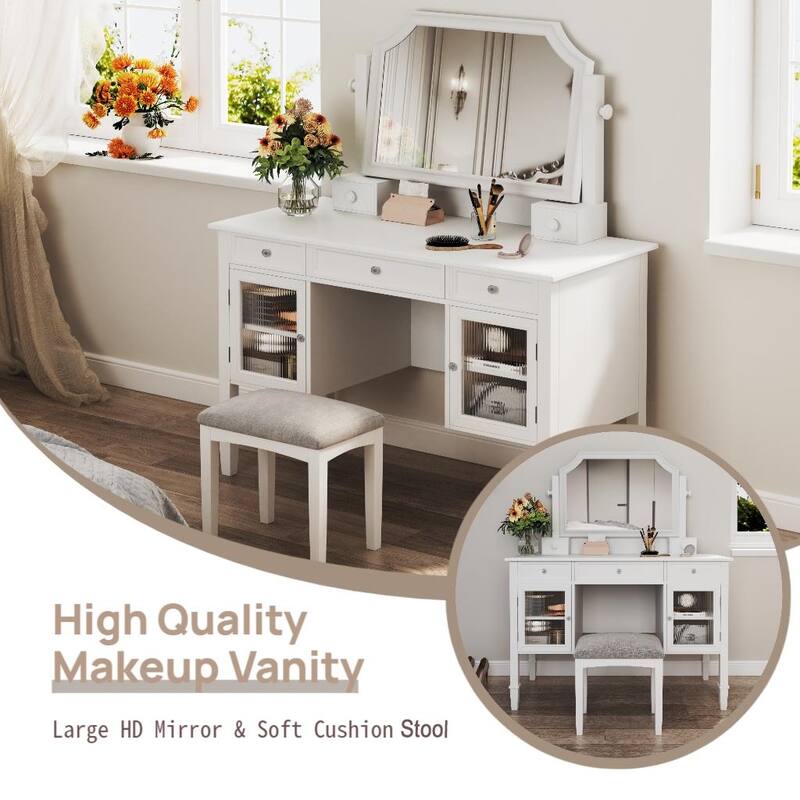 Vanity Desk with Large Adjustable Mirror, Large Wooden Dressing Table Set, Makeup Table with Fluted Door Glass & 5 Drawers