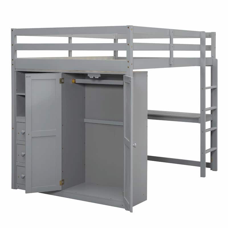 Full Size Loft Bed with Wardrobe, Desk, Storage Shelves, and Drawers