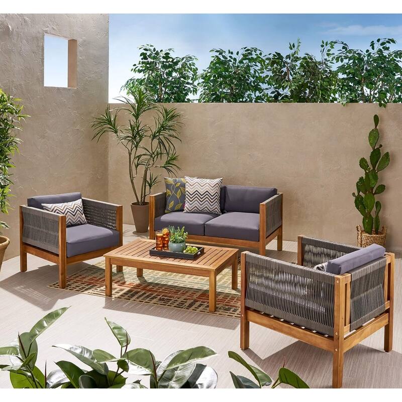 Roomfitters 4 Pcs Outdoor Chat Set with Woven Rope Club Chairs, Loveseat and Slatted Coffee Table, Natural+Grey - Natural+Grey