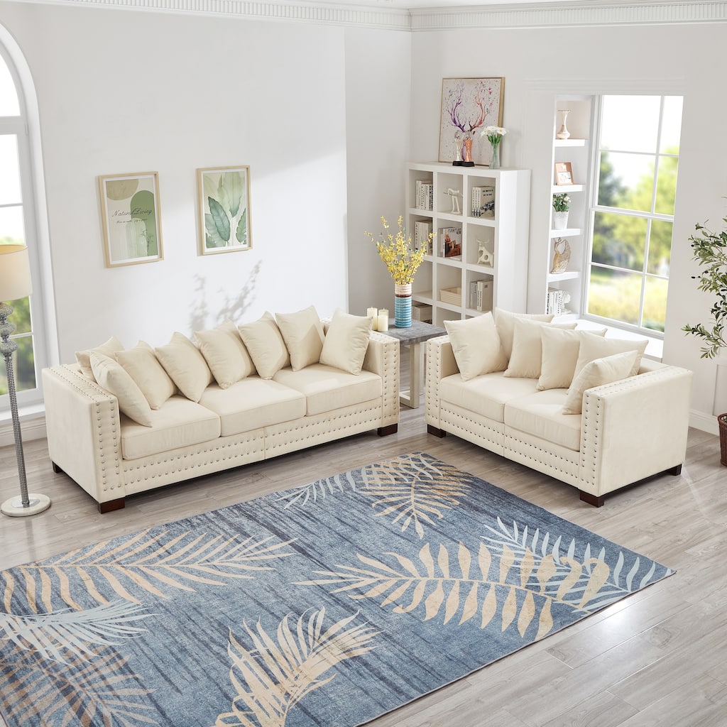 Roomfitters Modern 2+3 Seater Velvet Sofa Set with Square Armrests, Upholstered Couch with Silver Nailhead Trim for Living Room