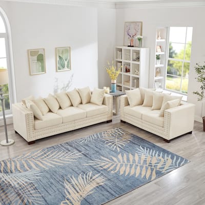 Velvet Upholstered Storage Sofa Set with Loveseat Sofa and 3 Seater Couch, Square Armrests with Silver Nails Decoration