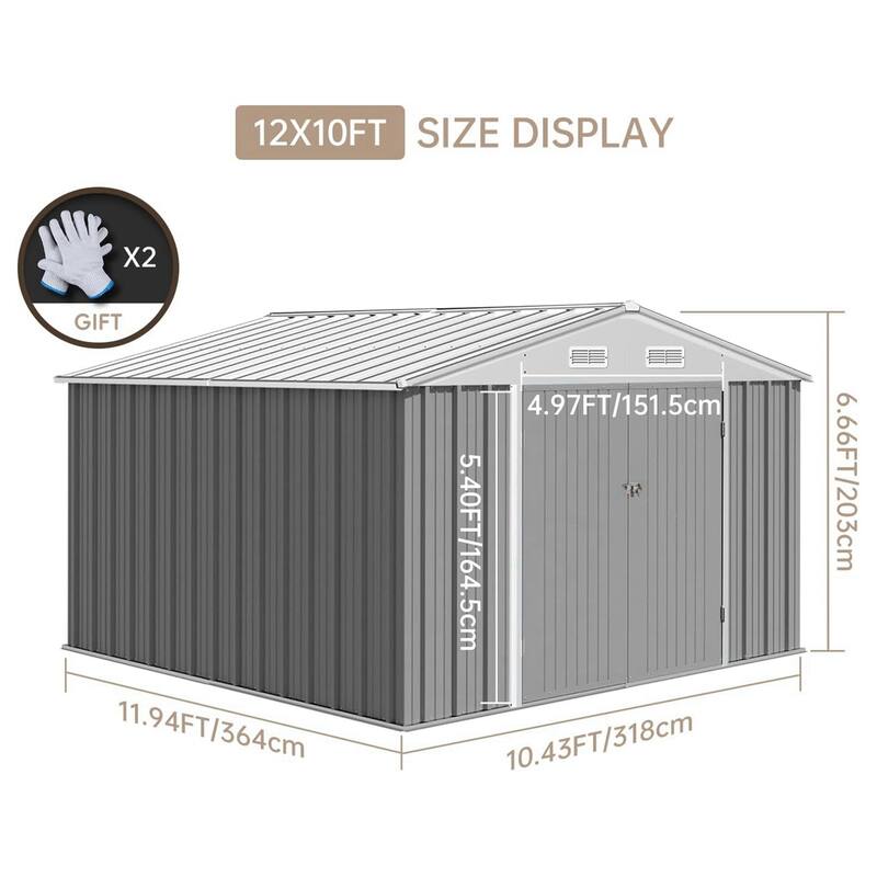 Outdoor Metal Storage Shed with Lockable Doors and Sloping Roof