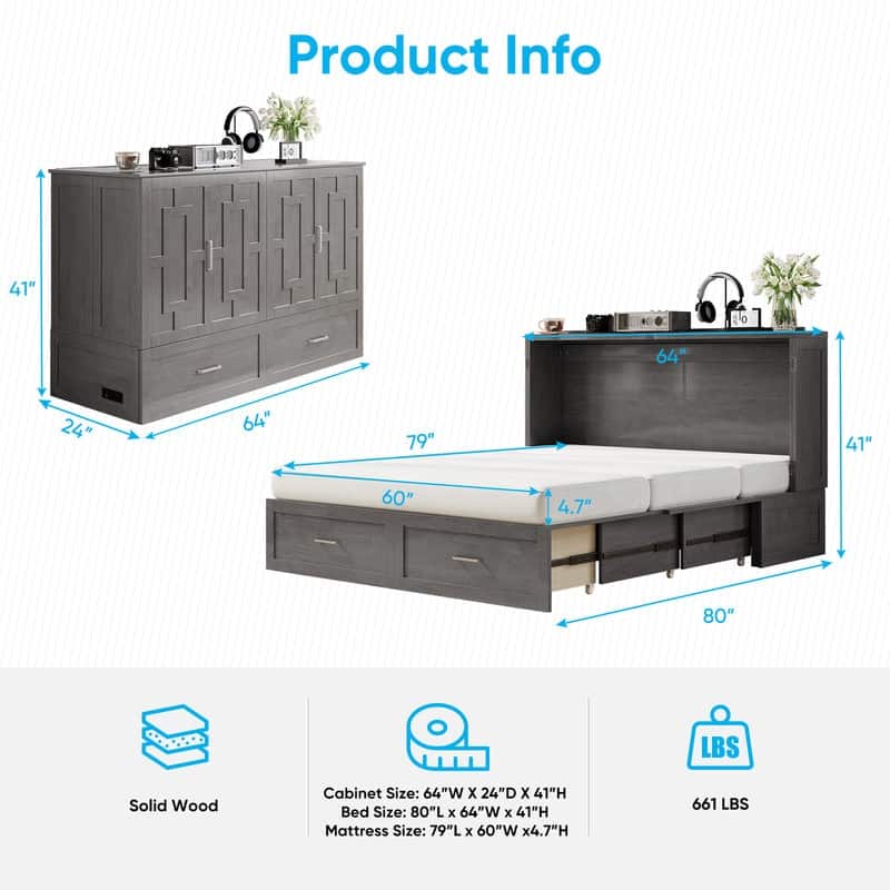 Mixoy Queen Modern Murphy Bed Chest with Mattress,Storage Drawer,Charging Station