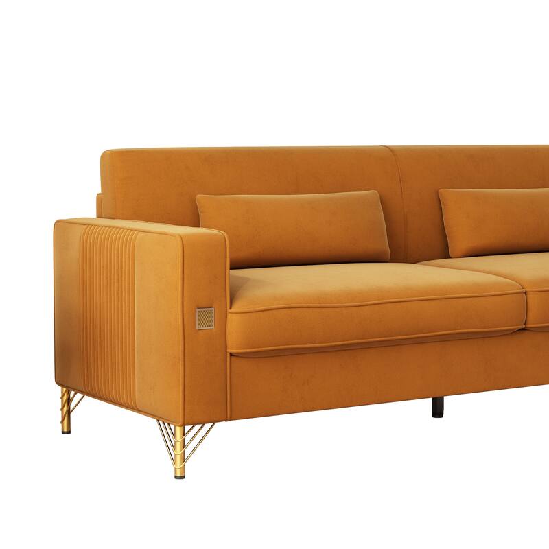 85.63" Velvet Sofa Couch with Cushions, Loveseat for Living Room, Square Armrest Upholstered Sofa with Metal Legs
