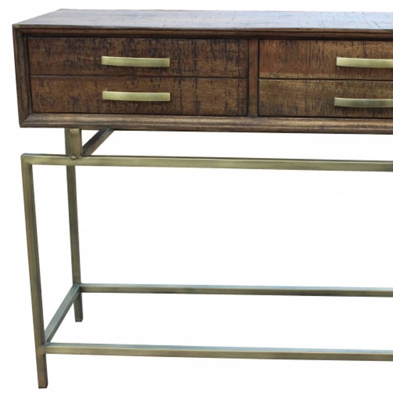 HomeRoots 36" Brown and Brass Solid Wood Distressed Frame Console Table With Storage - 36.00 in. x 30.00 in. x 14.00 in.
