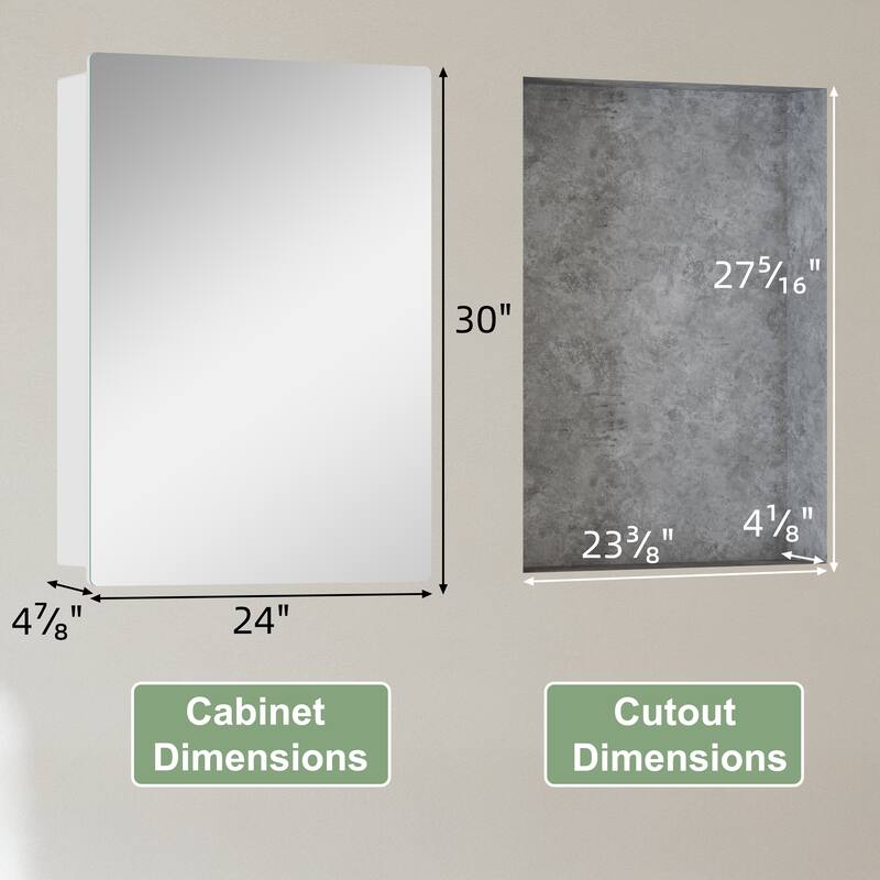 Mira Rectangular Frameless Medicine Cabinet with Mirror, Sliding Adjustable Glass Shelves, Reversible Door