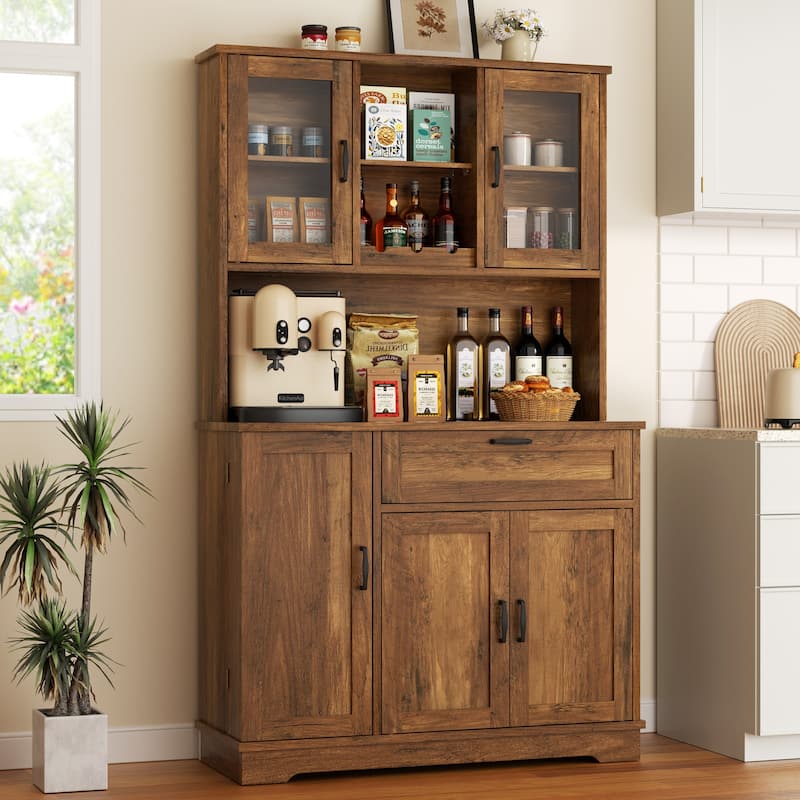 3-Door Storage Cabinet with Drawer & Adjustable Shelves - Freestanding Storage Organizer for Kitchen, Pantry, or Dining Room - Brown