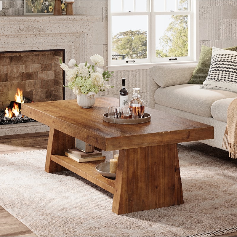 Solid Wood Coffee Table with Storage Shelves, 2 Tier Center Table for Living Room, Farmhouse Style