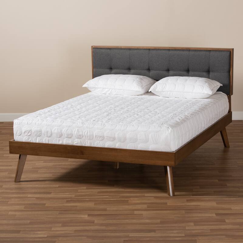 Queen Size Platform Bed - Upholstered Fabric Bed with Headboard & Slats - Dark Grey & Walnut Finish