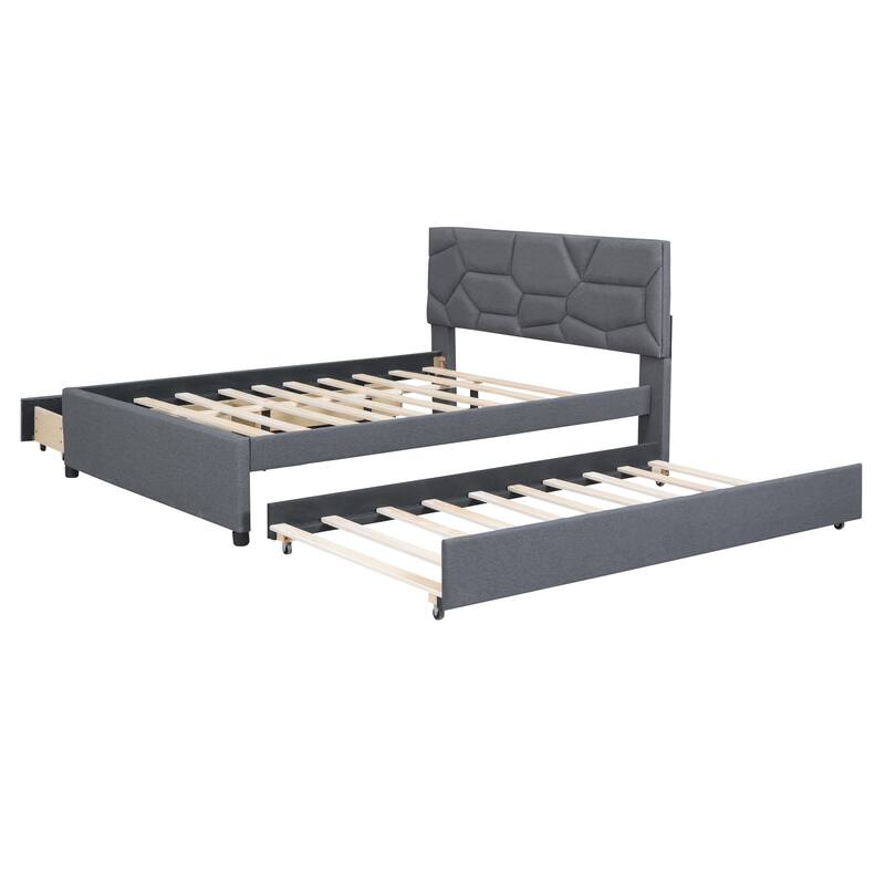 Grey Linen Fabric Full Size Upholstered Platform Bed with Brick Pattern Headboard, Twin Size Trundle, and 2 Drawers