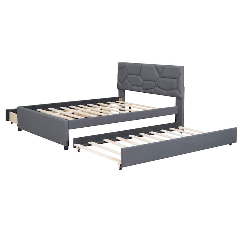 Linen Fabric Platform Bed with Trundle and 2 Drawers