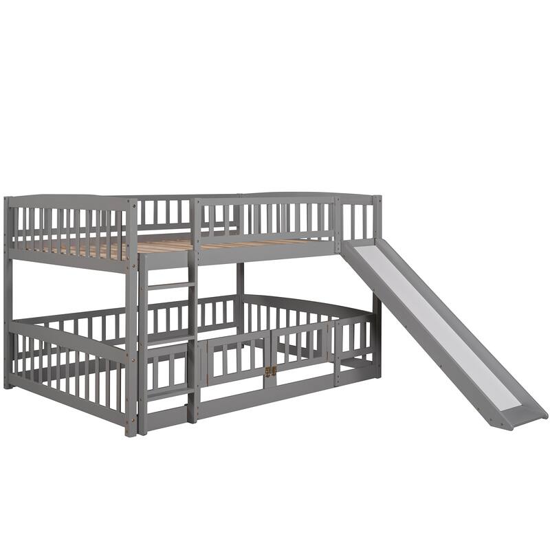 Full Over Full Low Bunk Bed with Slide, Fence, and Ladder for Kids and Teens