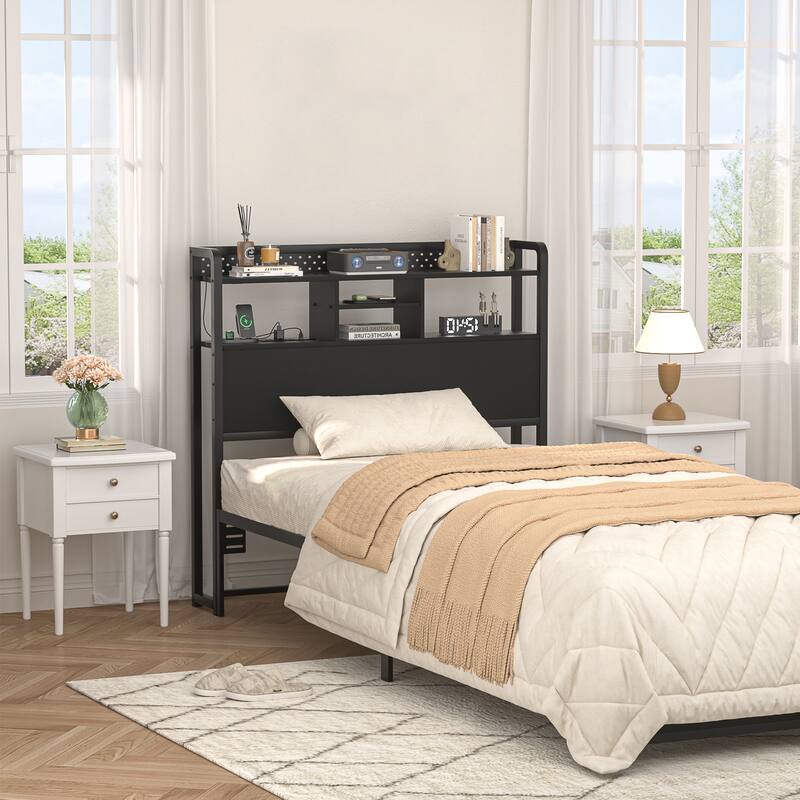 Bed Headboard with Storage Shelf and Charge Station, Height Adjustable Headboard with LED Light