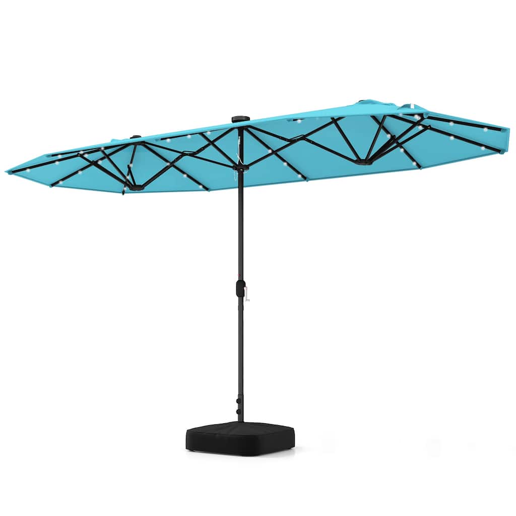 Large 13 Feet Double-Sided Outdoor Patio Umbrella with LED Lights and UV Protection Included Weighted Base