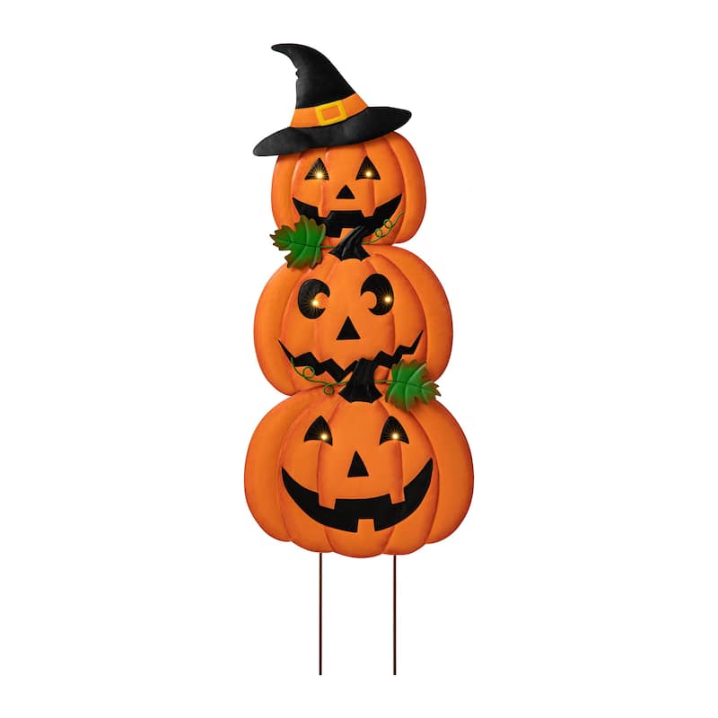 Glitzhome Lighted Halloween Metal Stacked Jack-O-Lantern Yard Stake Hanging Sign