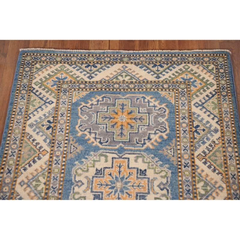 Blue Kazak Oriental Accent Rug Handmade Geometric Wool Carpet - 2'9"x 4'1"