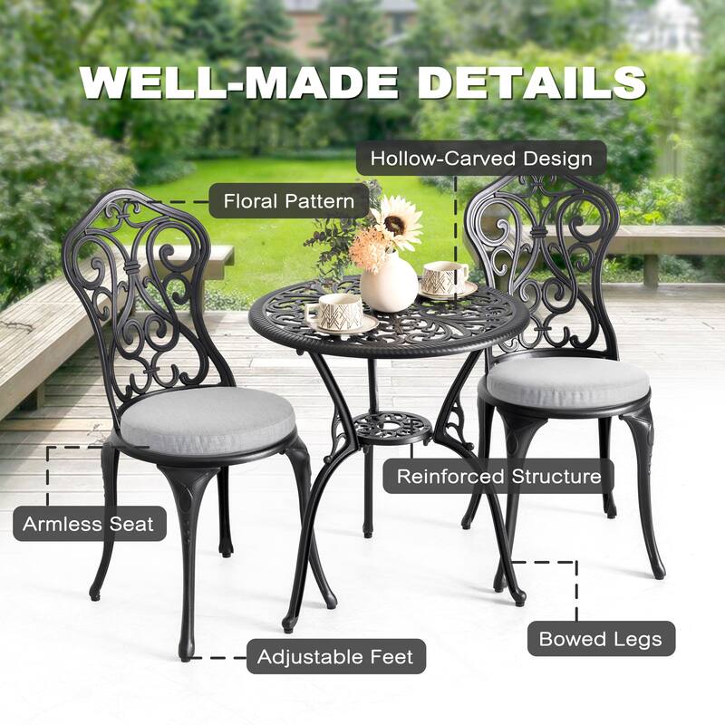 Patio 3-Piece Cast Aluminum Bistro Set with Cushions, Umbrella Hole
