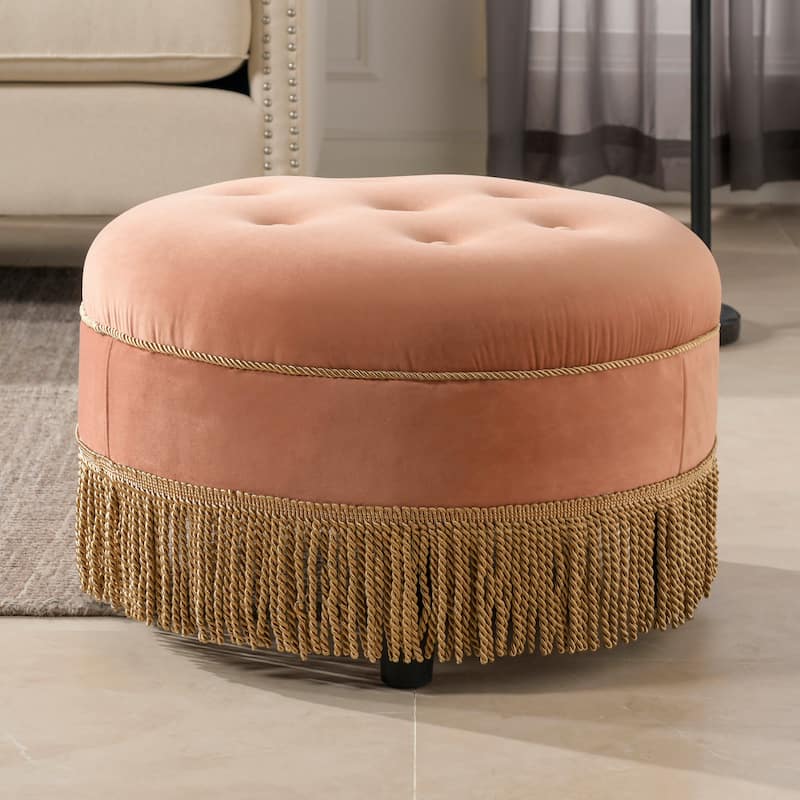 Yaris Upholstered Round Accent Ottoman - Peach Orange Velvet