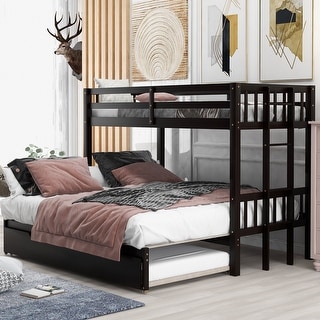 Black Twin Over Pull-Out Pine Bunk Bed with Trundle and Guardrails Perfect for Bedroom