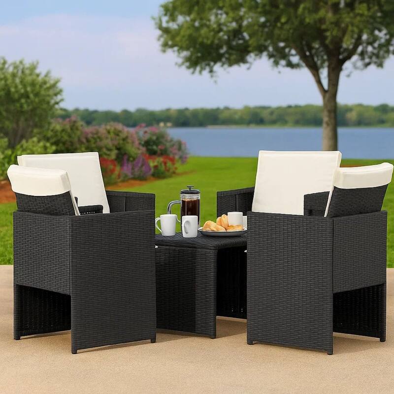 Outdoor Set of 4 with White Cushions, Black Rattan Woven Frame