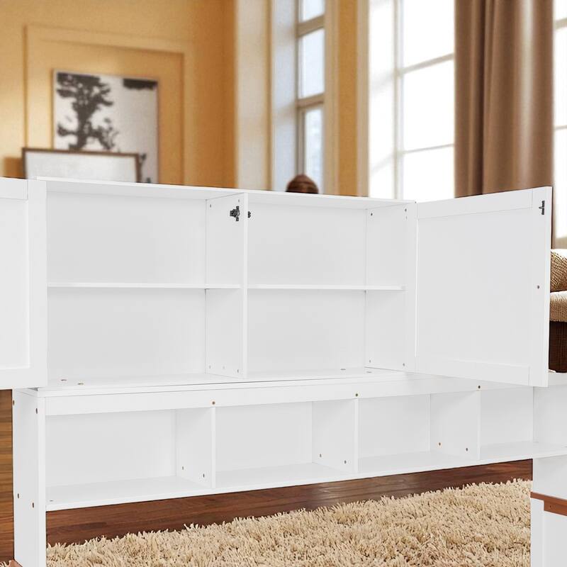 Twin Over Full Wooden Bunk Bed with Desk, Drawers, Shelves, Cabinet & LED Light, White and Orange