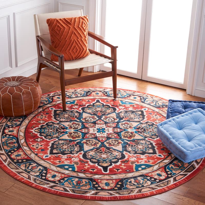 SAFAVIEH Riviera Machine Washable Slip Resistant Wilma Oriental Rug - 6'7" Round - Black/Red