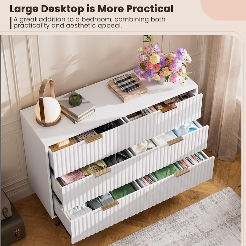 Fluted 6 Drawer Dresser, Modern Wide Chest with Deep Drawers, Wooden Storage Organizer for Living Room, Hallway