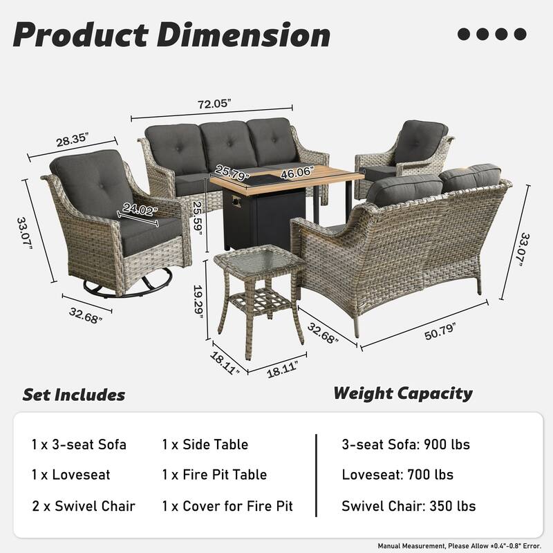 HOOOWOOO 6-piece Wicker Outdoor Conversation Set Swivel Chairs with Fire Pit