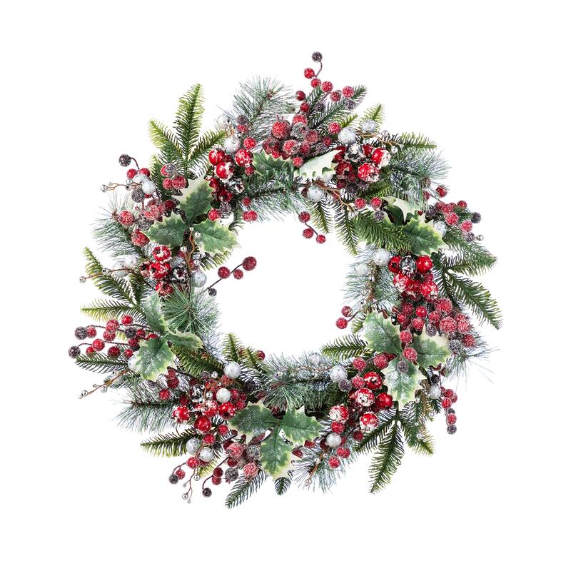 Glitzhome Christmas 5-Piece Set with Berry Leaf Wreath, Teardrop and 4/5ft Potted Trees for Entrance Decoration