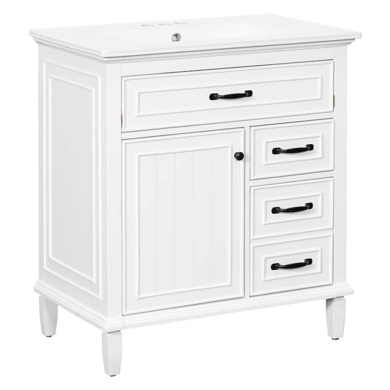 30 Inch Bathroom Vanity with Ceramic Sink Top, Flip Drawers, Freestanding Storage Cabinet (Faucet Not Included)