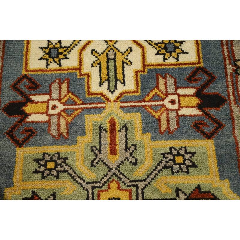 Hand Knotted Oriental 100% Wool Carpet Traditional Geometric Greys & Charcoal Kazak Runner Rug - 7' 10'' X 2' 6''