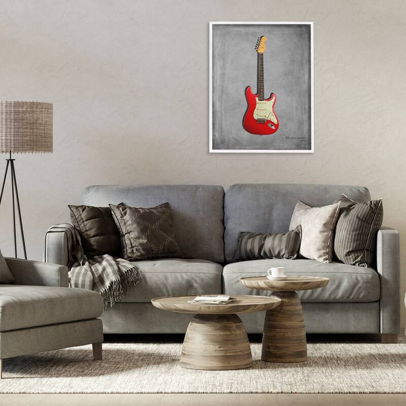 Stupell Classic Red Guitar on Grey Framed Giclee Art Design By Mark Rogan