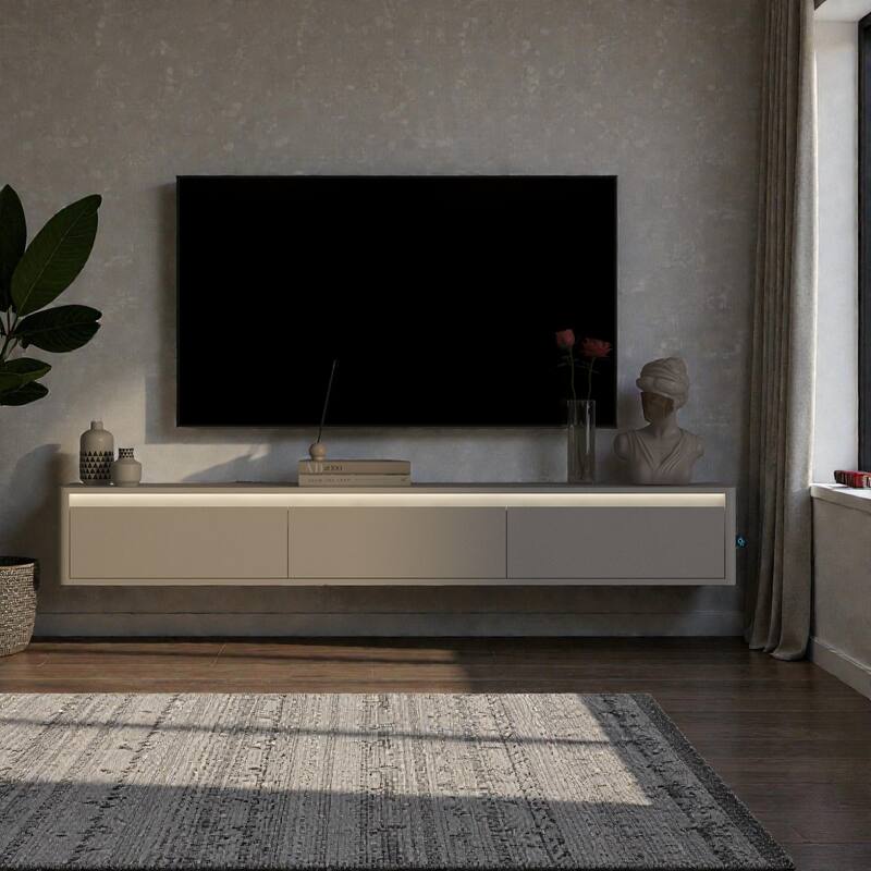 68.9" Floating TV Stand with LED Lights and Power Outlet, Wall Mounted High Gloss Media Console Shelf for Living Room