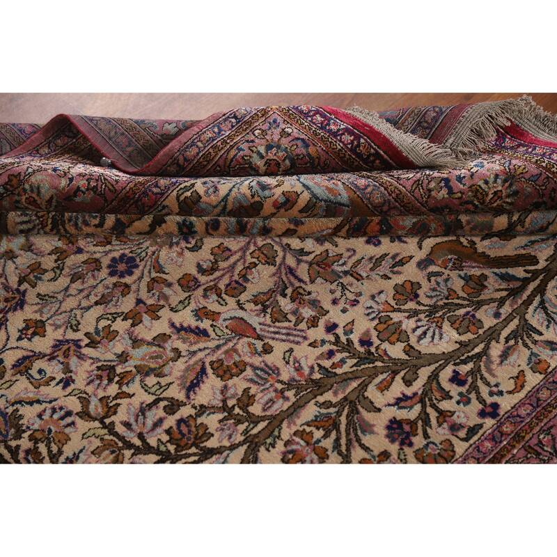 Hand Knotted Oriental Silk Carpet Traditional Floral Beige & Ivories Kashan Area Rug - 6' 10'' X 4' 4''