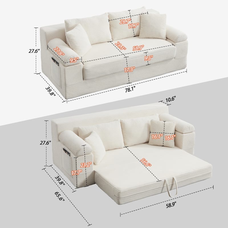 78" W Convertible Sleeper Sofa Bed Corduroy Loveseat with Pillows