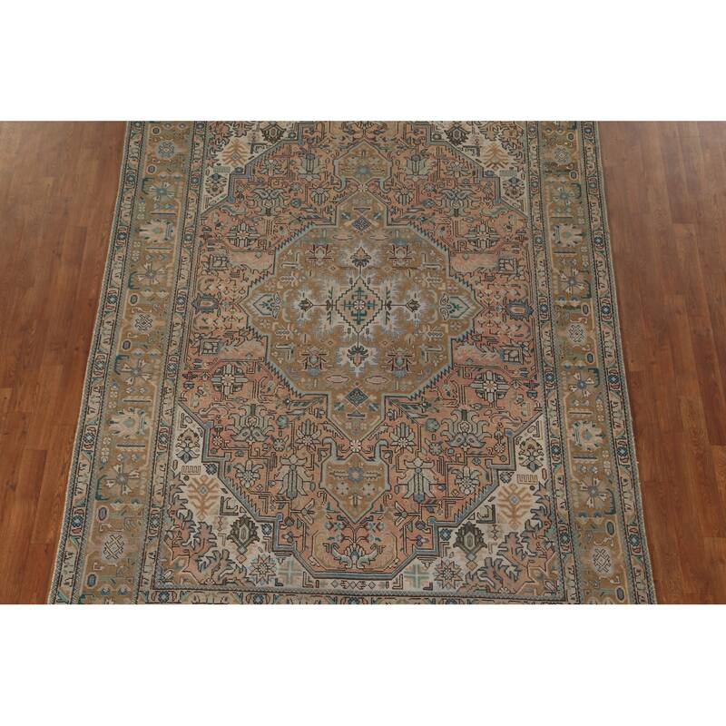 Geometric Tabriz Vintage Area Rug Hand-Knotted Wool Carpet - 6'8" x 9'7"