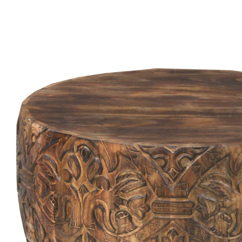 33 Inch Round Coffee Table with Damask Carved Pattern and Wooden Frame, Walnut Brown
