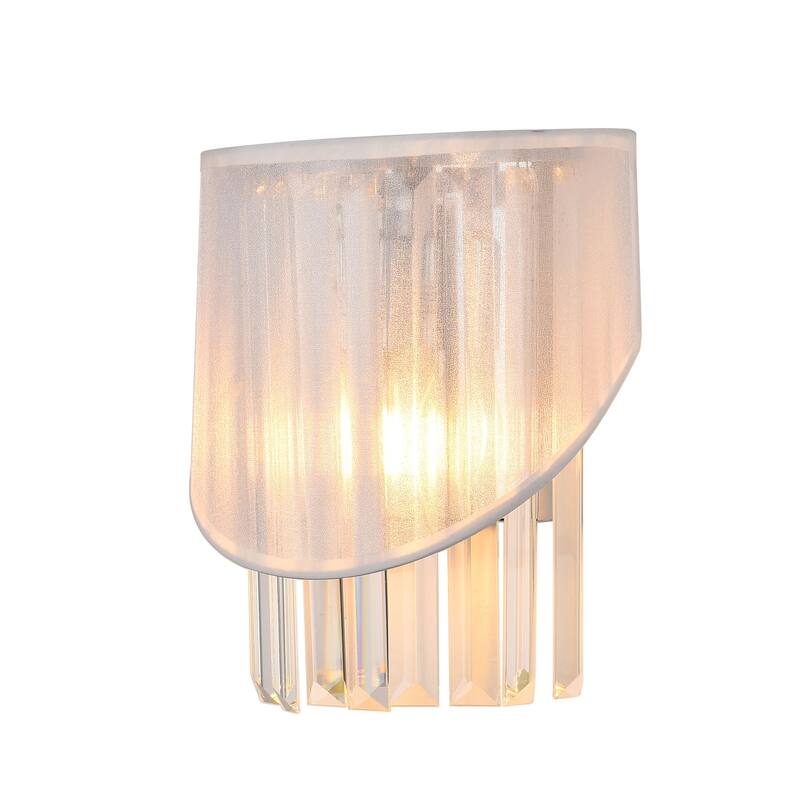 1-Light Modern White Fabric & Crystal Wall Sconce - Ideal for Living Room Decoration - Polished Nickel - N/A