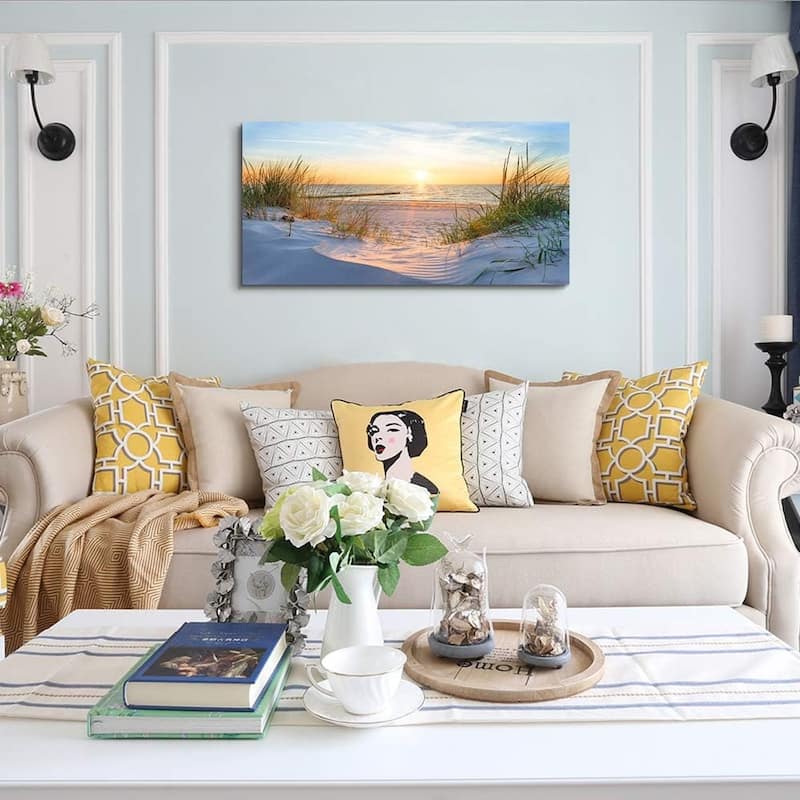 Wall Artwork Blue Sun Beach Grass Ocean Landscape Paintings - 20 x 40